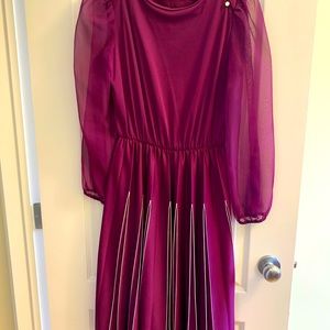 Vintage fuchsia dress with sheer puff sleeves and white piped shirt pleats